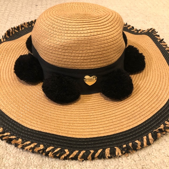 Betsey Johnson Straw Hat With Pom Poms 